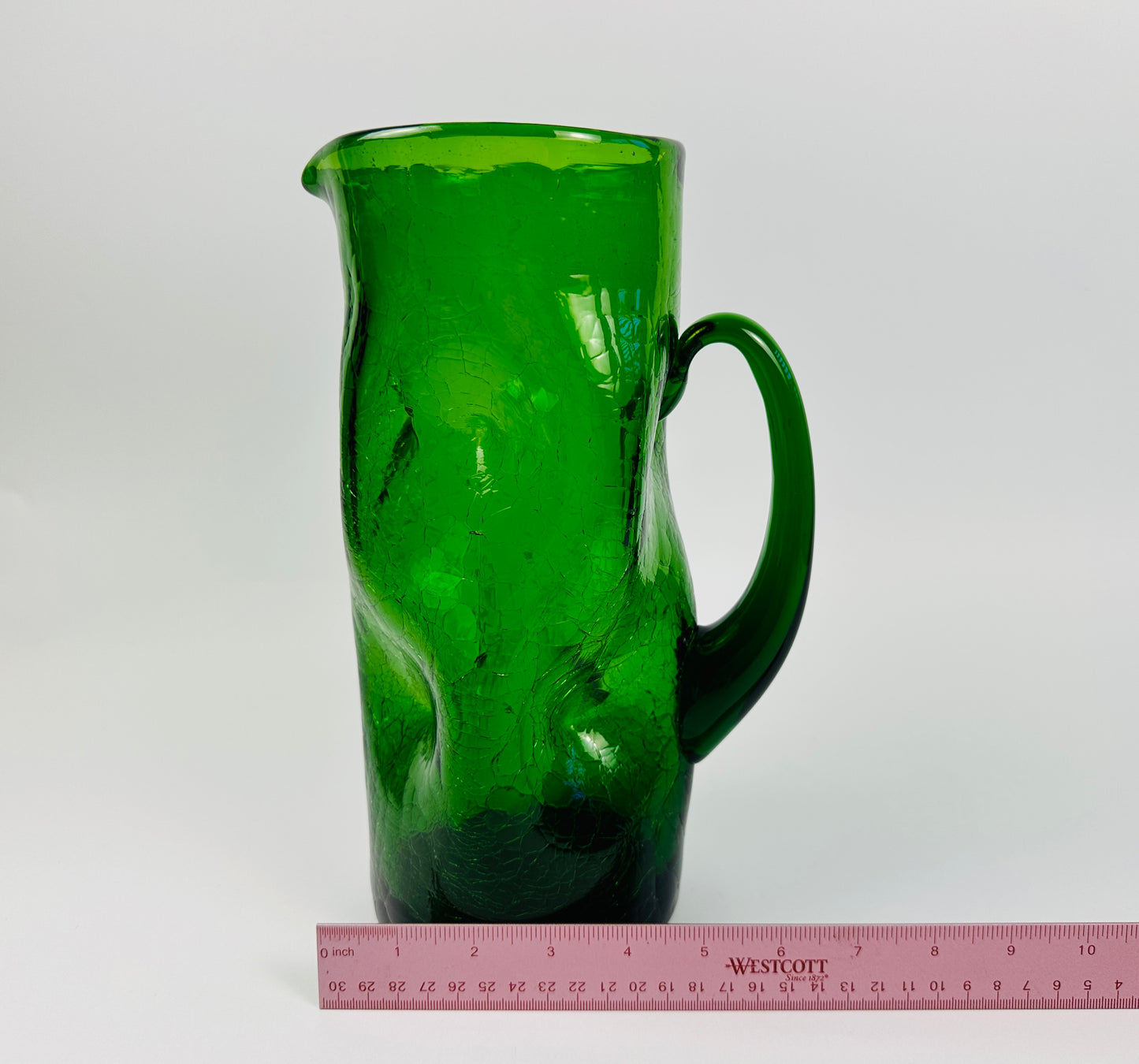 Green Dimpled Crackled Glass Pitcher