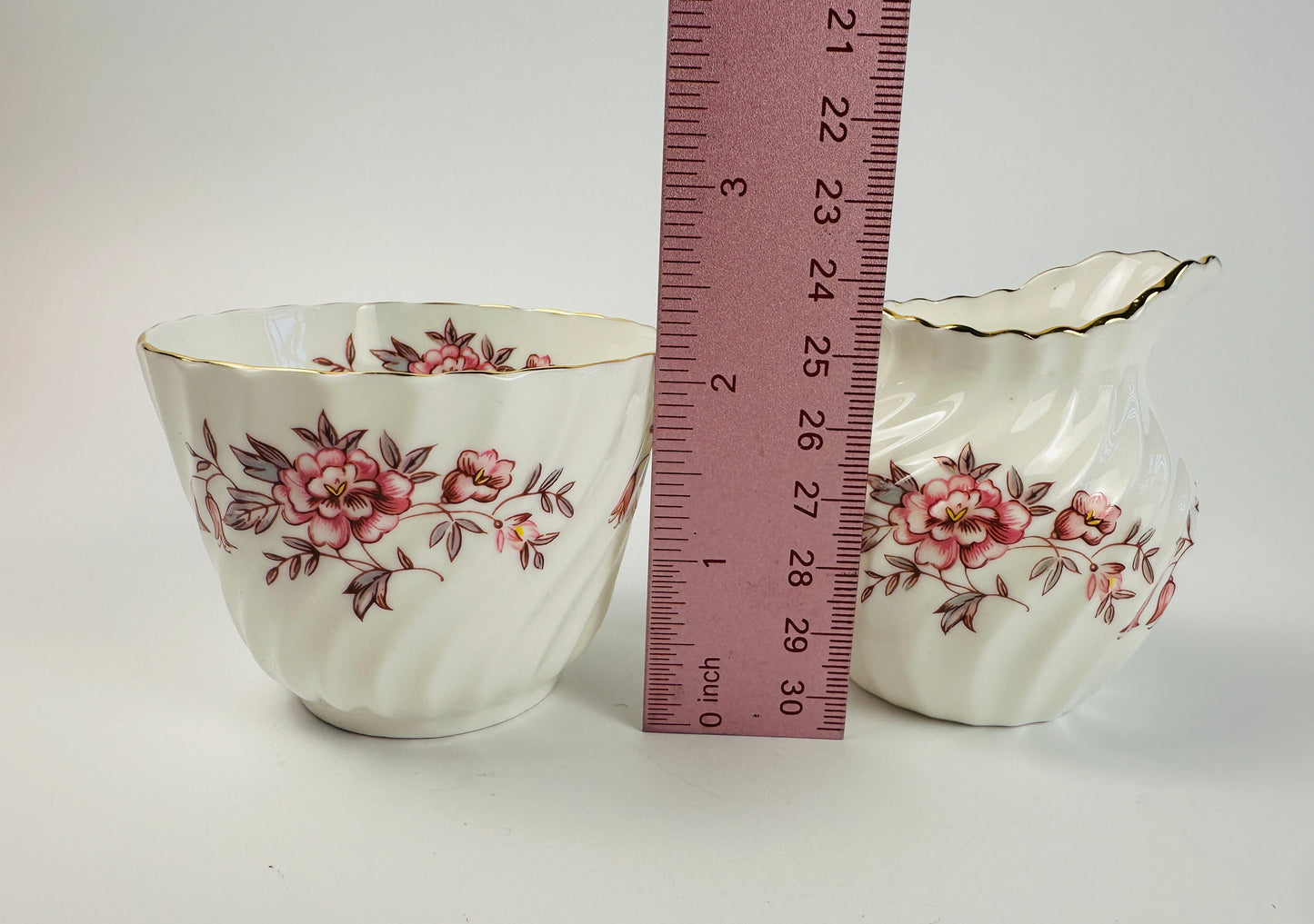 Aynsley Ribbed Pink Floral Sugar Bowl & Creamer Set