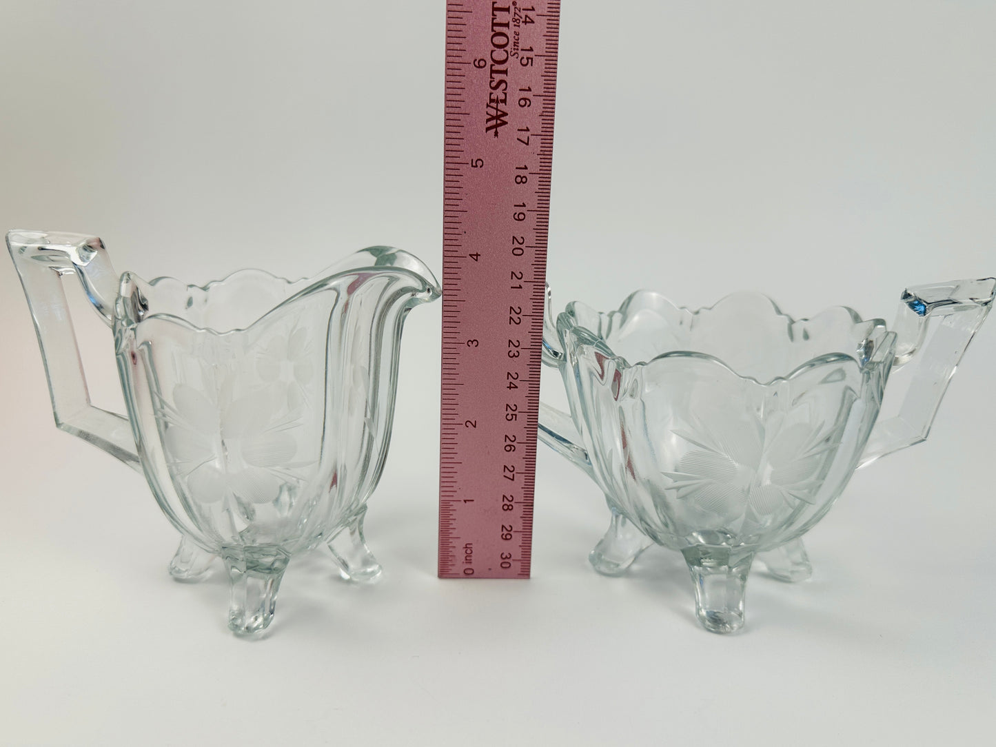 Ribbed Etched 3 Toe Sugar Bowl & Creamer Set