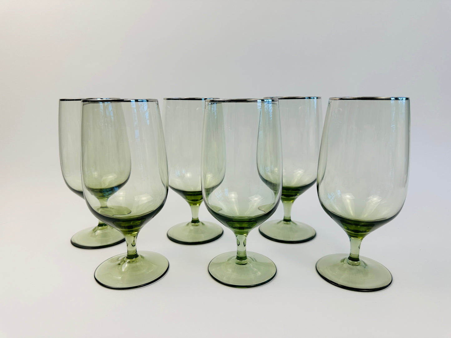 Muted Green Water Goblets With Silver Rim Set of Six