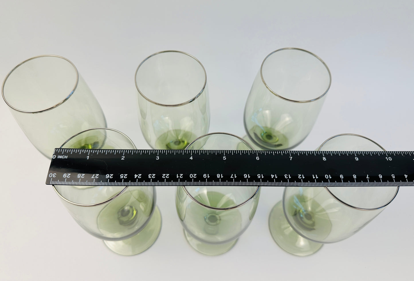 Muted Green Water Goblets With Silver Rim Set of Six