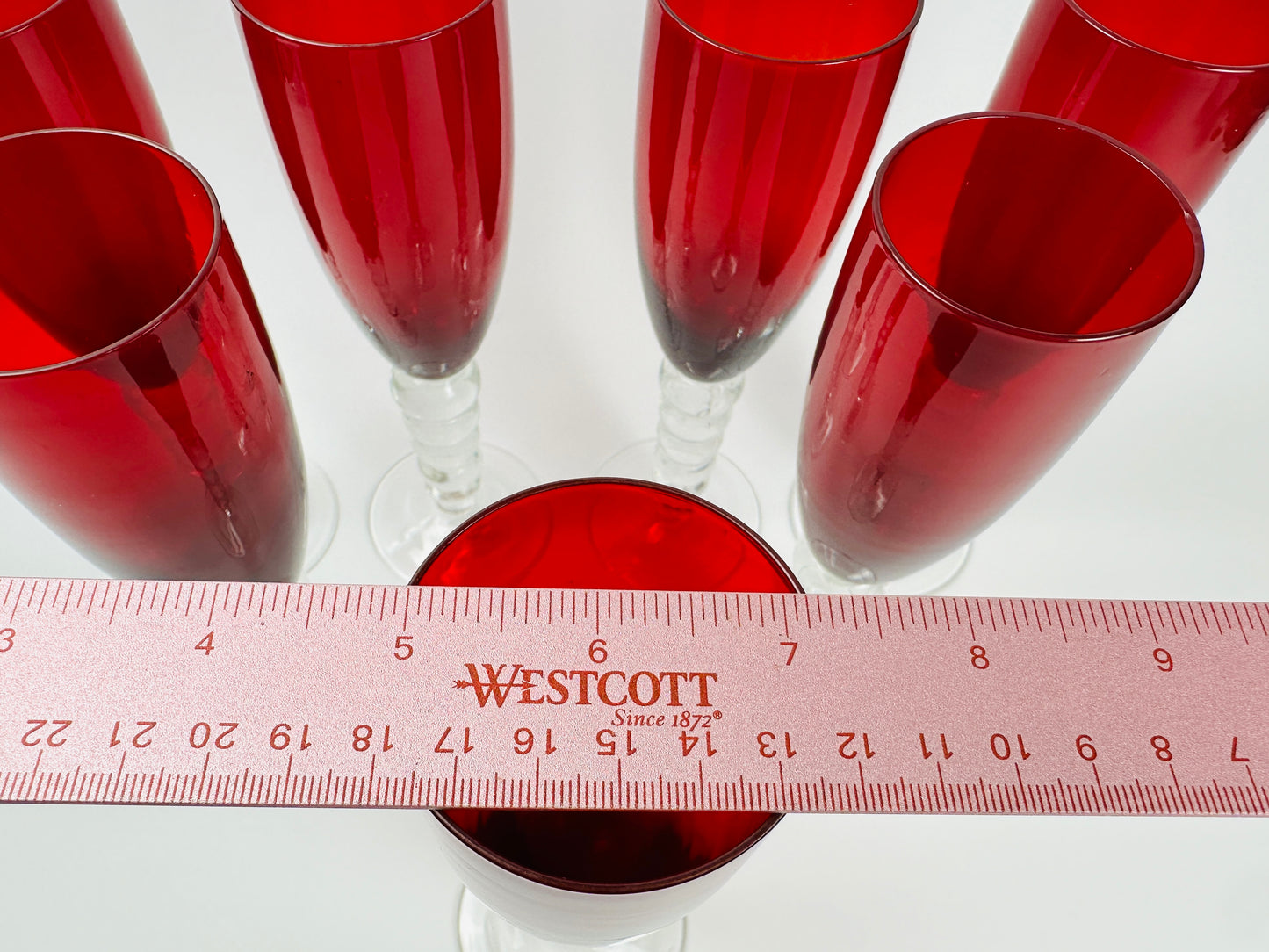 Red Clear Bubble Stem Champagne Glasses Set of Seven
