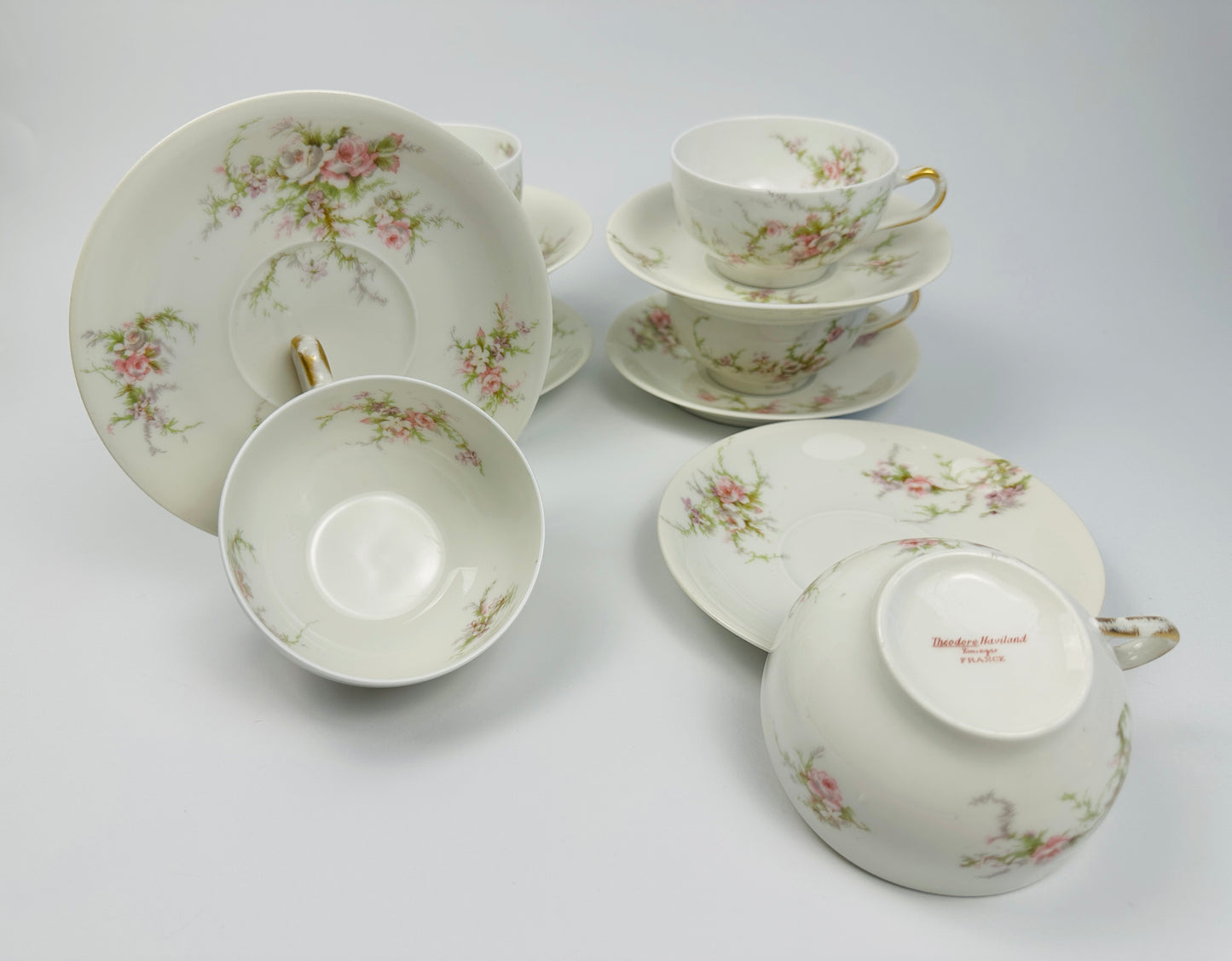 Haviland Pink Rose Cups & Saucers Set of Six
