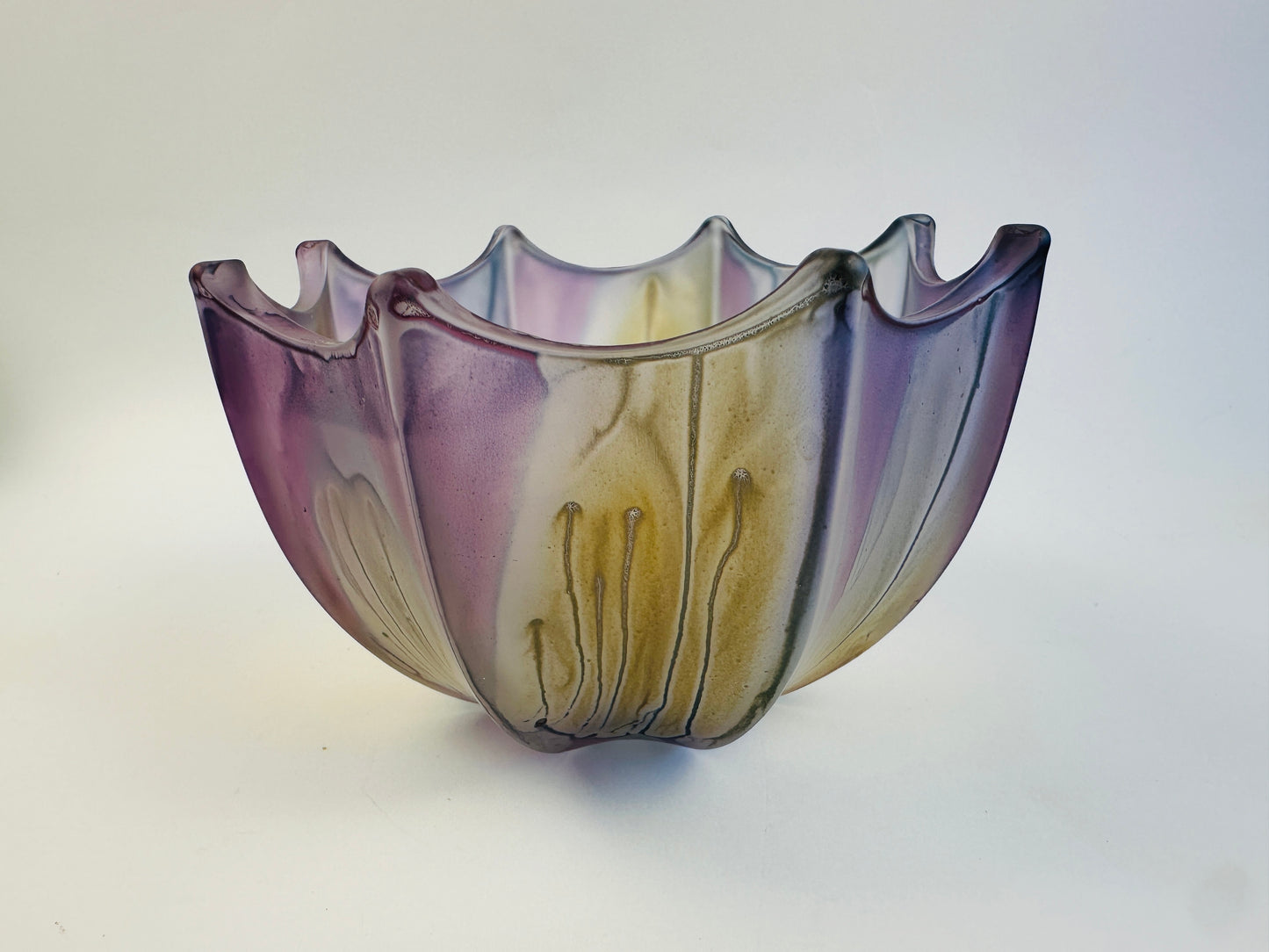 Handpainted Rueven Glass Purple & Yellow Flower Bowl