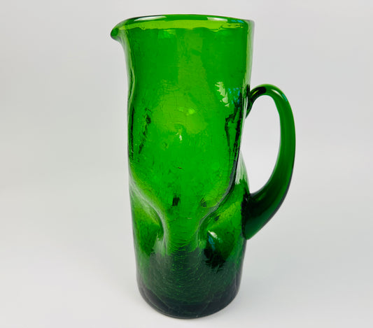 Green Dimpled Crackled Glass Pitcher