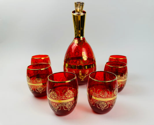 Red and Gold Decanter & Six Glasses Set