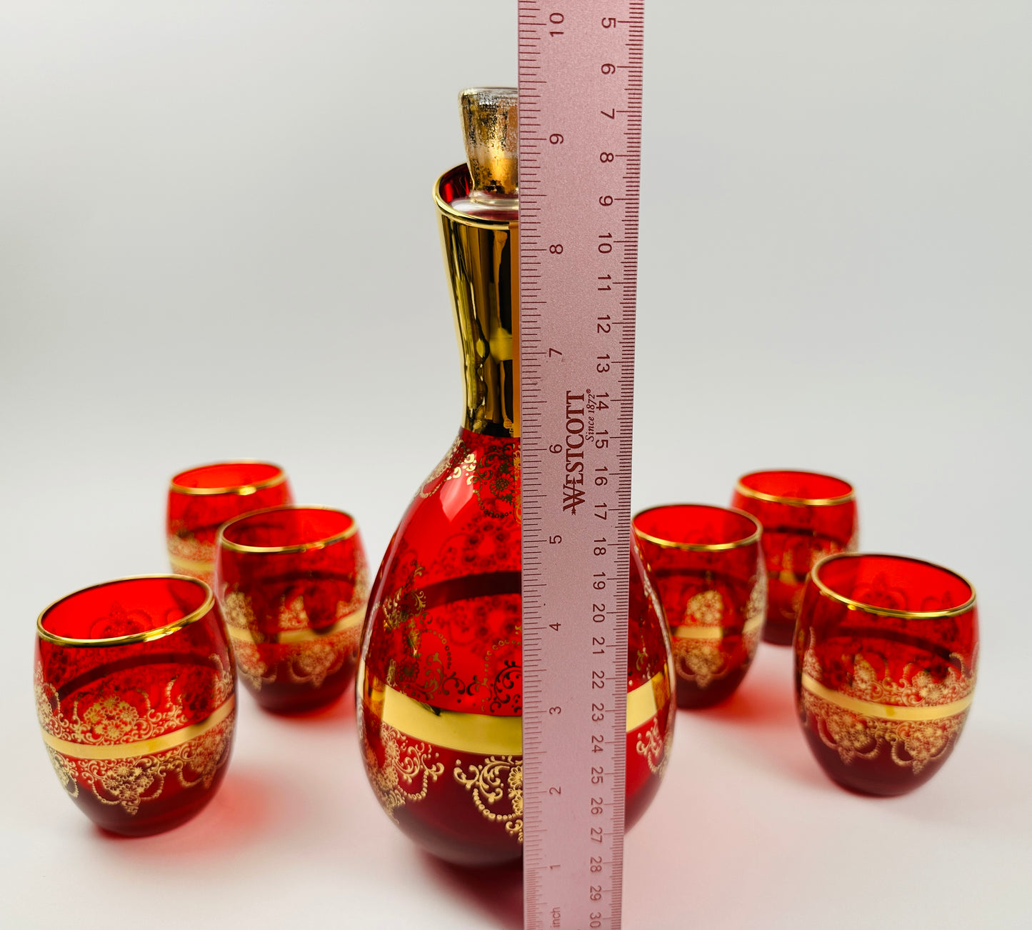 Red and Gold Decanter & Six Glasses Set