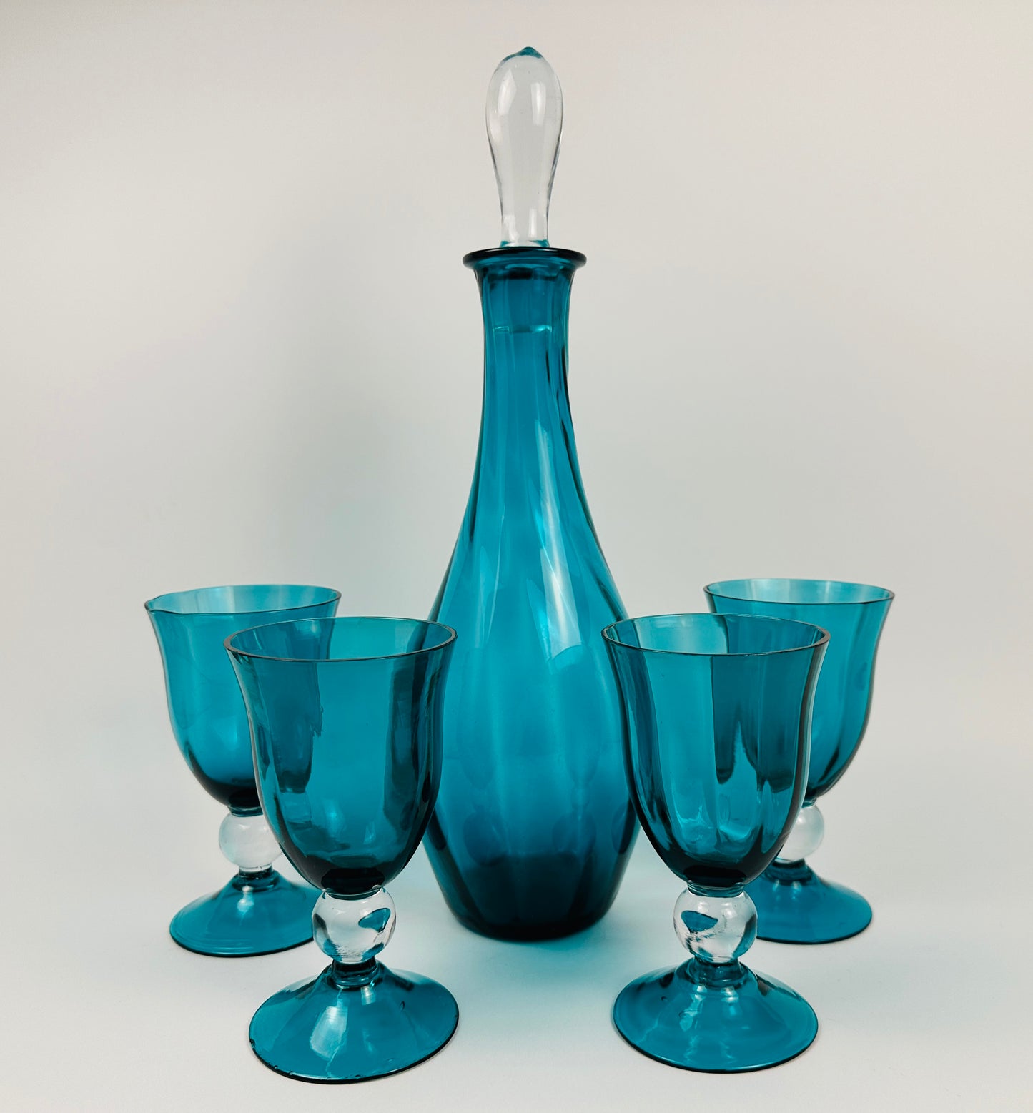 Teal Blue Decanter & Four Wine Glasses Set