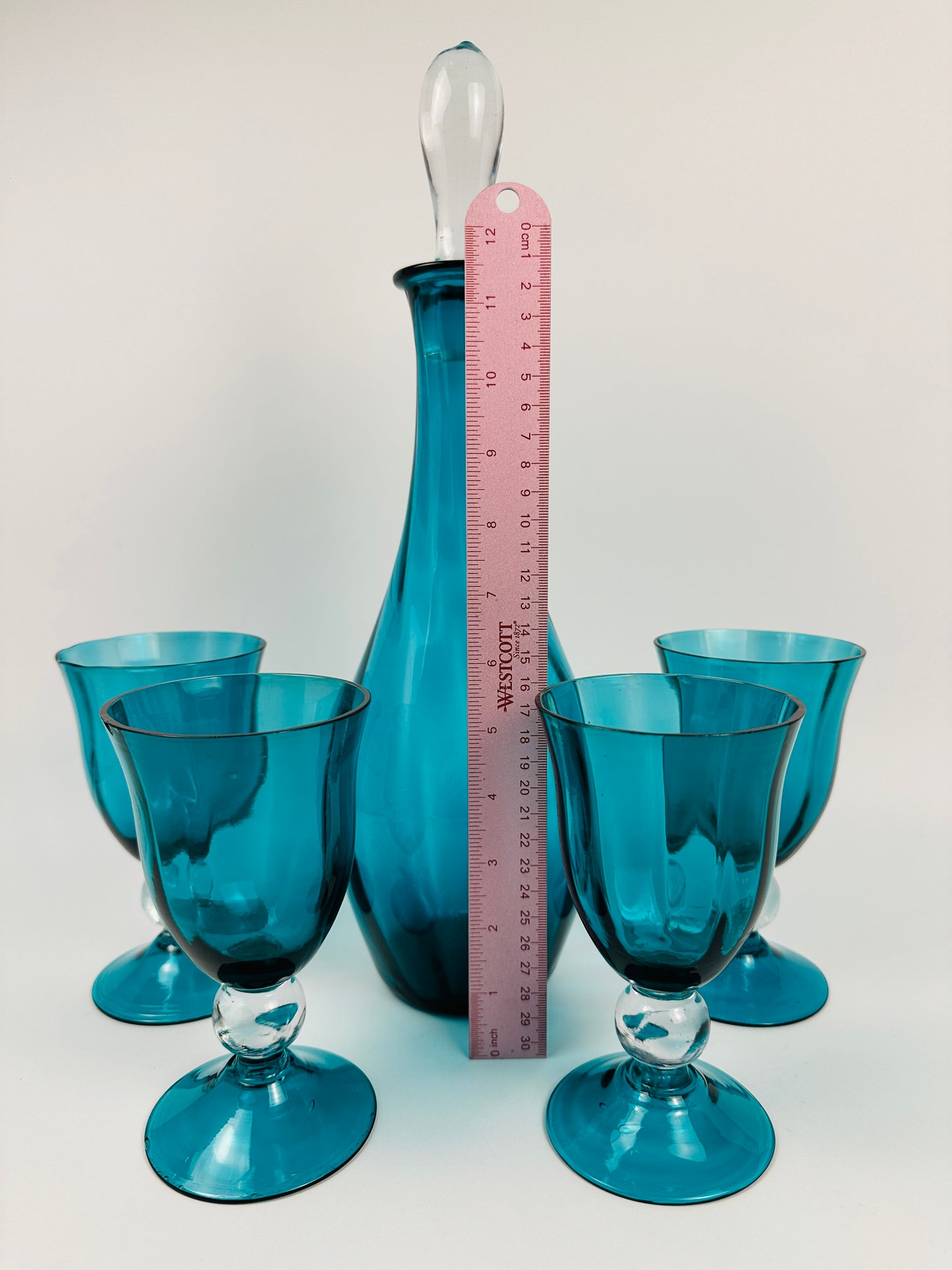 Teal Blue Decanter & Four Wine Glasses Set