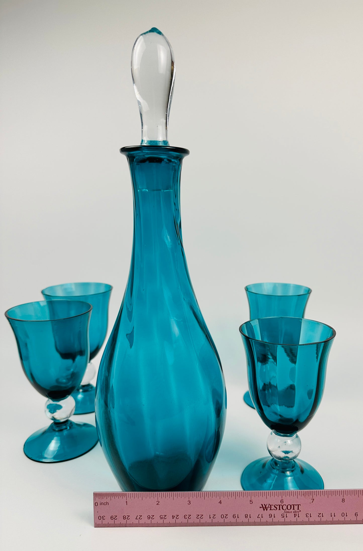 Teal Blue Decanter & Four Wine Glasses Set