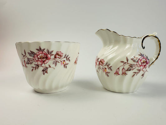 Aynsley Ribbed Pink Floral Sugar Bowl & Creamer Set