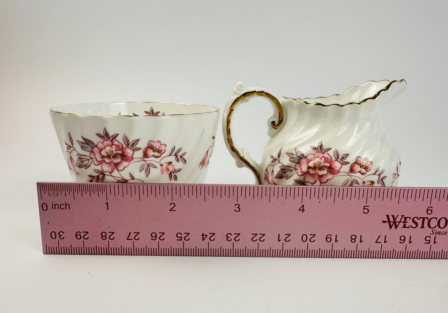 Aynsley Ribbed Pink Floral Sugar Bowl & Creamer Set