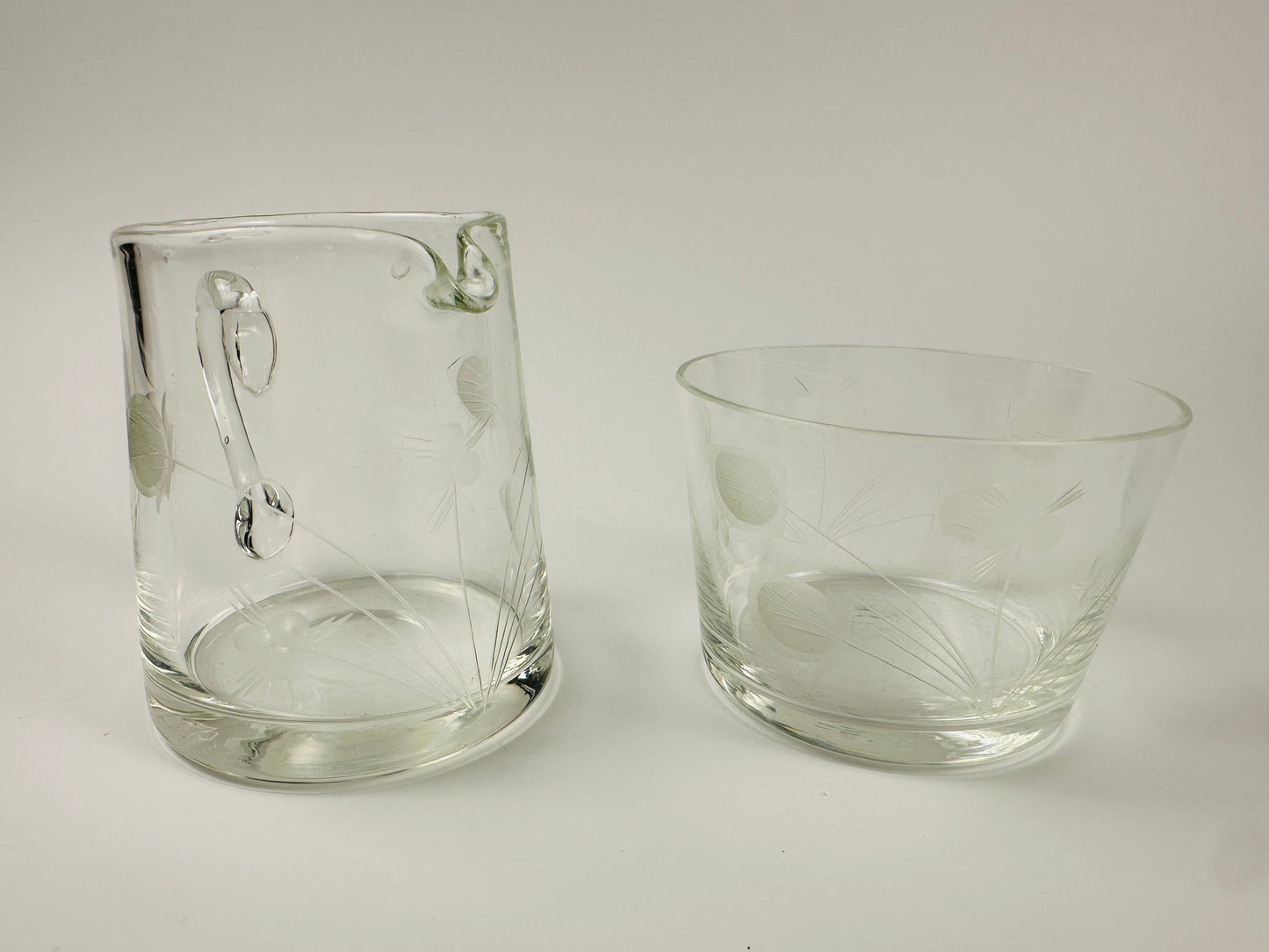 Etched Floral Glass Sugar Bowl & Creamer Set