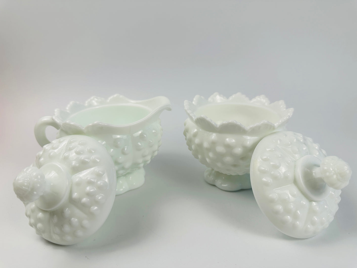 Fenton Hobnail White Sugar Bowl & Creamer Set