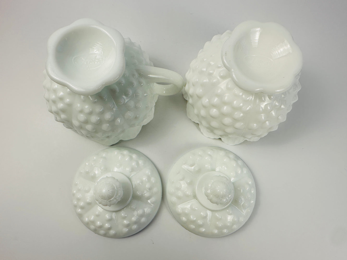 Fenton Hobnail White Sugar Bowl & Creamer Set