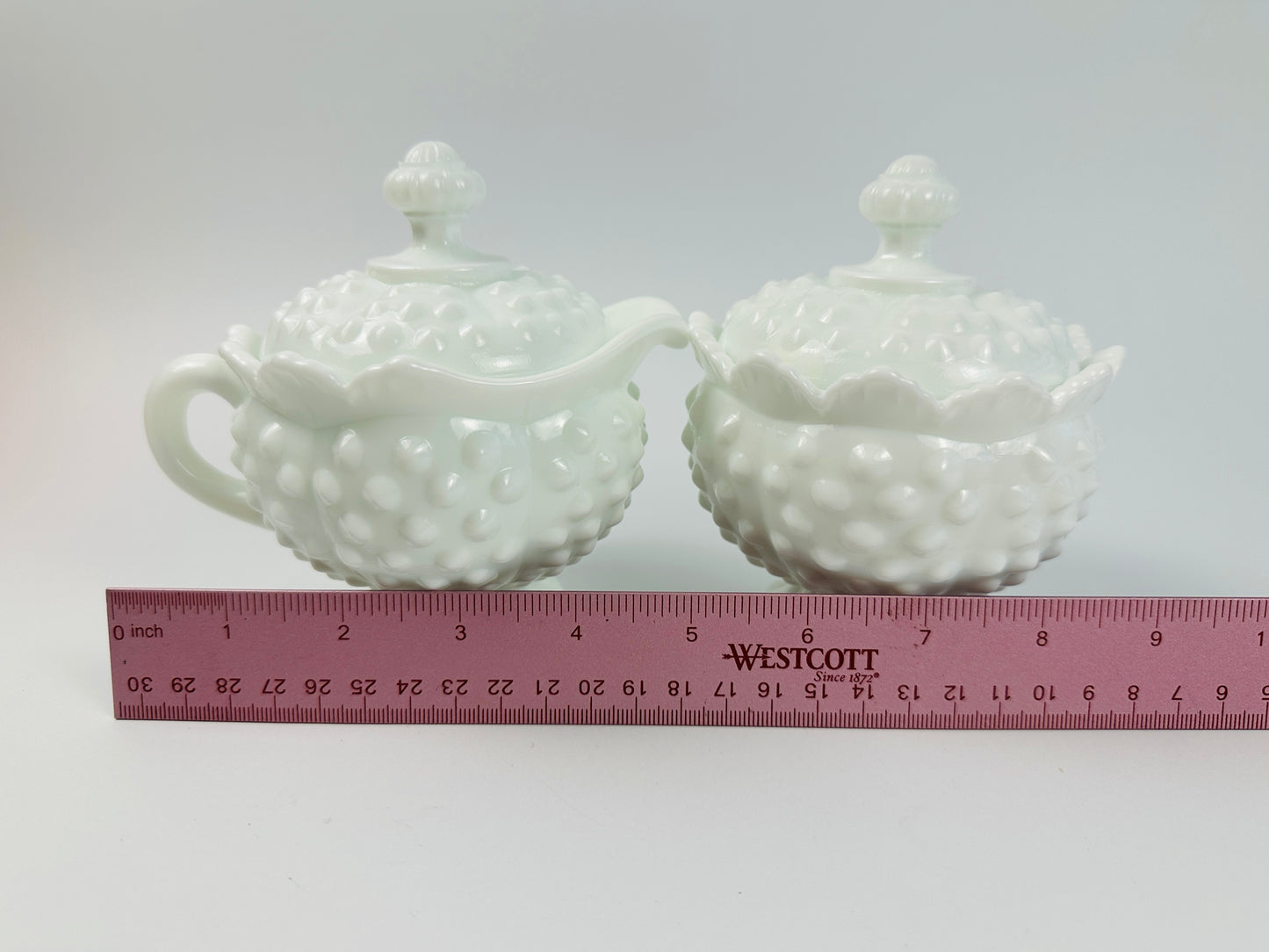 Fenton Hobnail White Sugar Bowl & Creamer Set