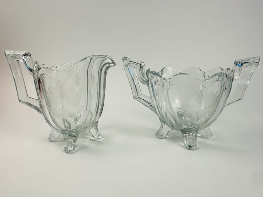 Ribbed Etched 3 Toe Sugar Bowl & Creamer Set