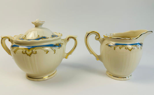 Syracuse China Blue Federal Sugar Bowl & Creamer Set