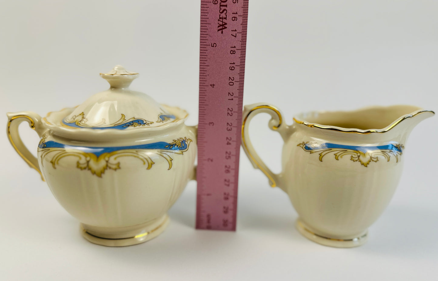 Syracuse China Blue Federal Sugar Bowl & Creamer Set