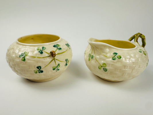 Belleek Basketweave Clover Sugar Bowl & Creamer