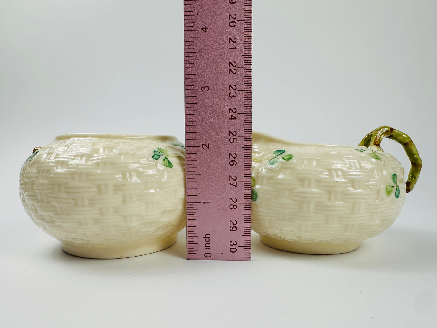 Belleek Basketweave Clover Sugar Bowl & Creamer