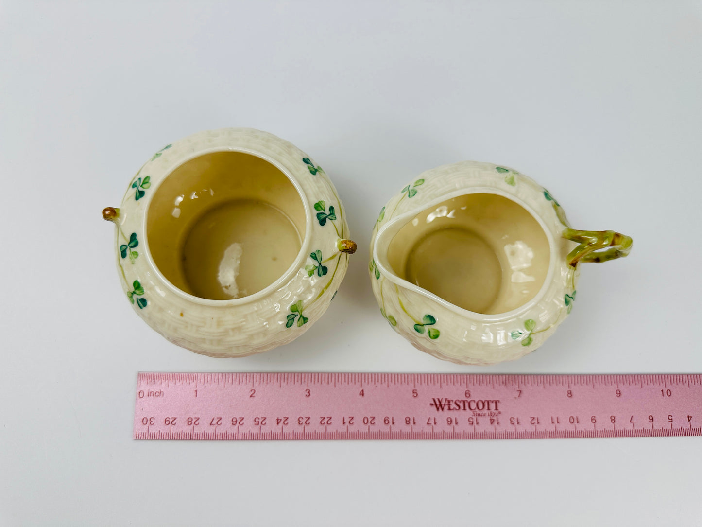 Belleek Basketweave Clover Sugar Bowl & Creamer