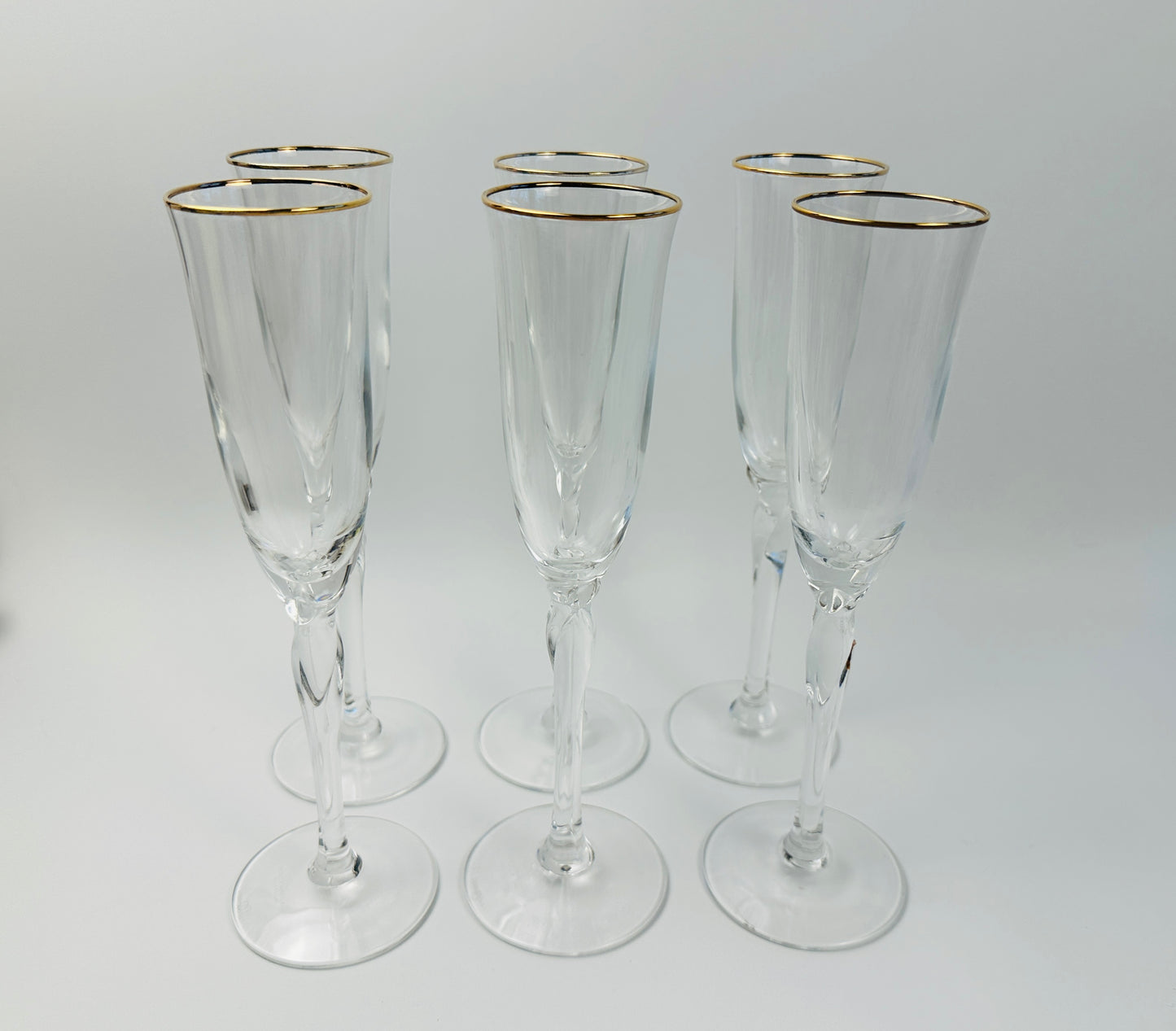 Gold Rim Shaped Stem Champagne Flutes Set of Six