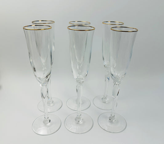 Gold Rim Shaped Stem Champagne Flutes Set of Six