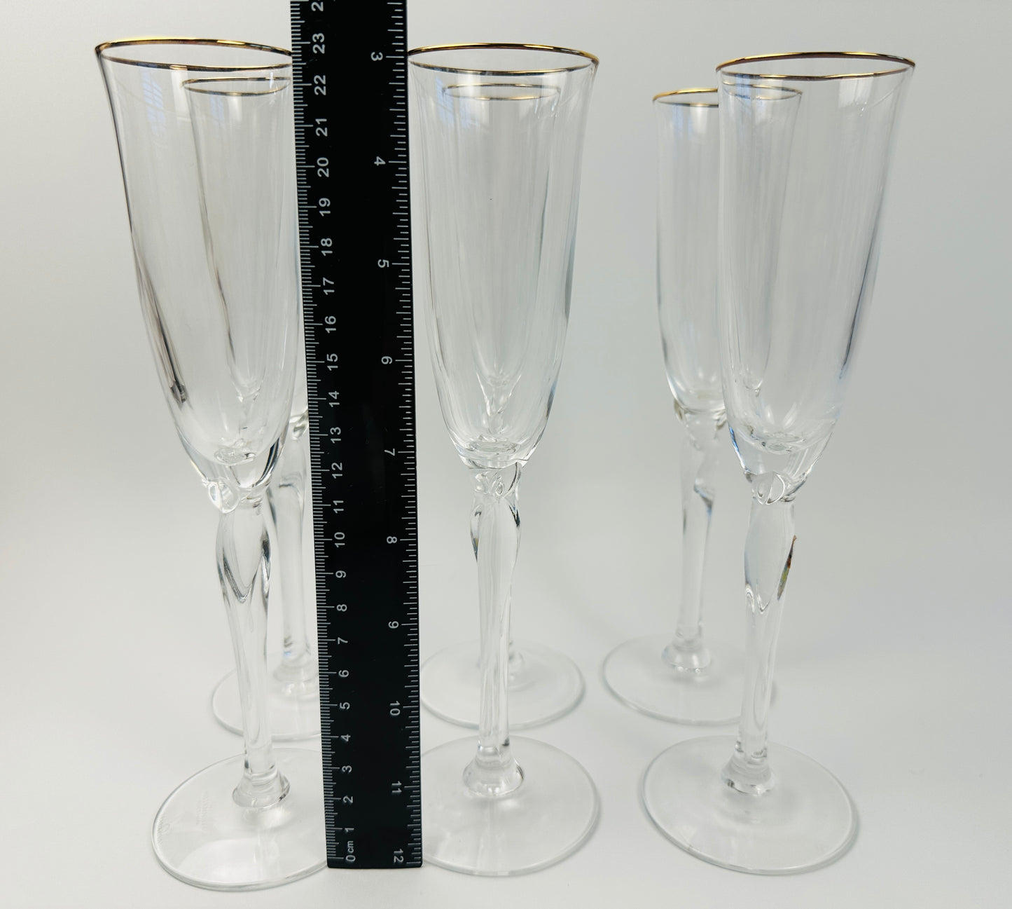 Gold Rim Shaped Stem Champagne Flutes Set of Six