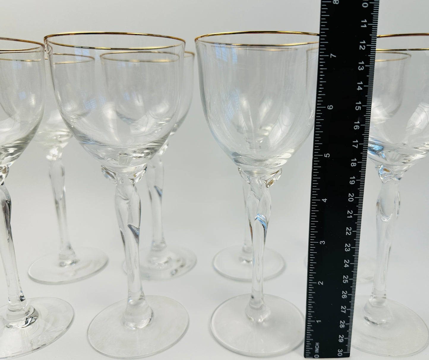 Gold Rim Shaped Stem Wine Glasses Set of Eight