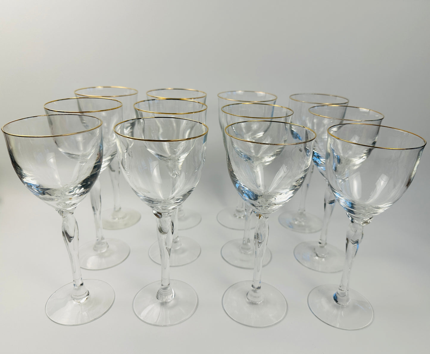 Gold Rim Shaped Stem Wine Glasses Set of Twelve