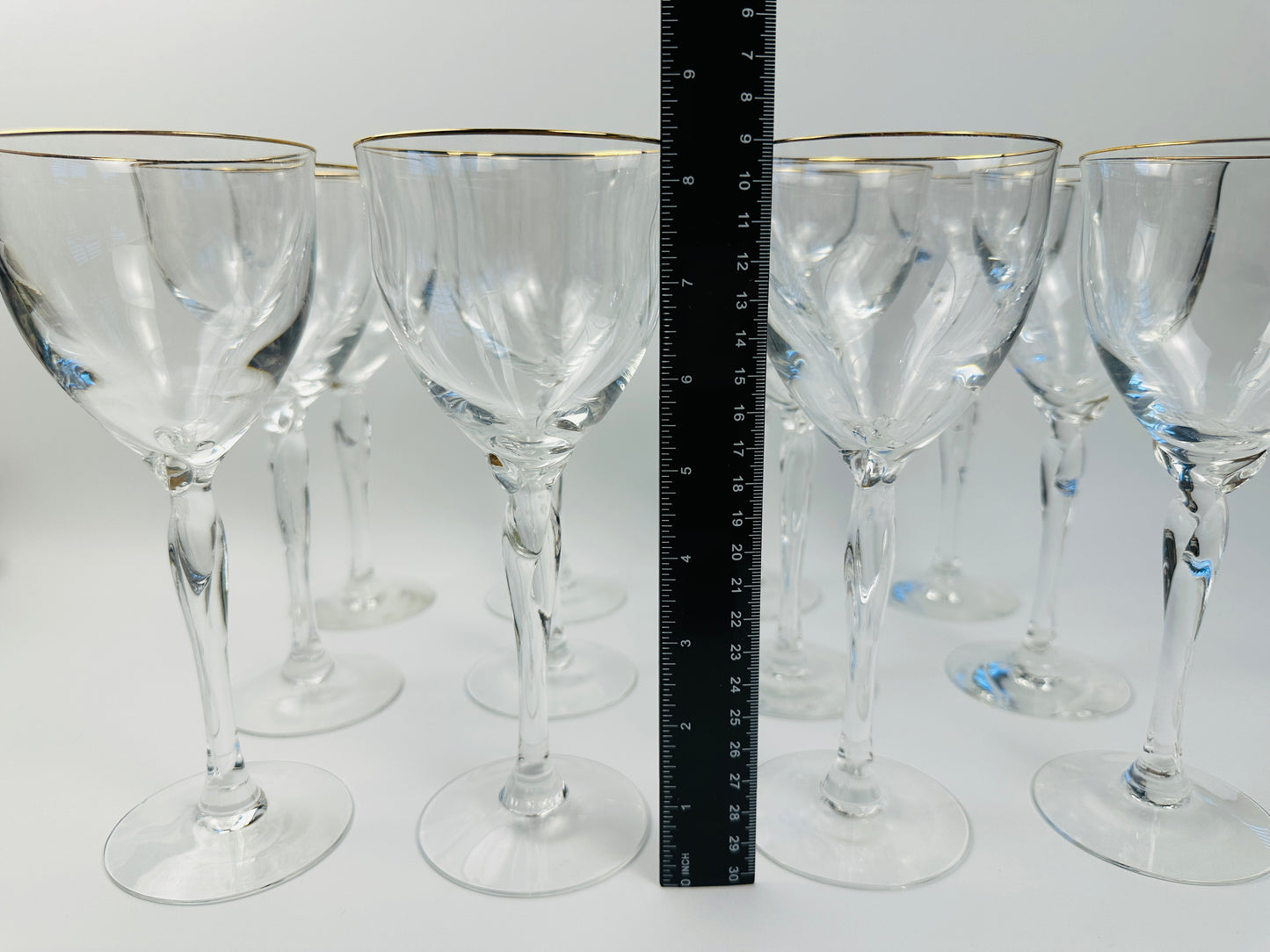 Gold Rim Shaped Stem Wine Glasses Set of Twelve