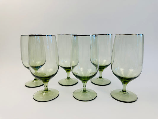 Muted Green Water Goblets With Silver Rim Set of Six