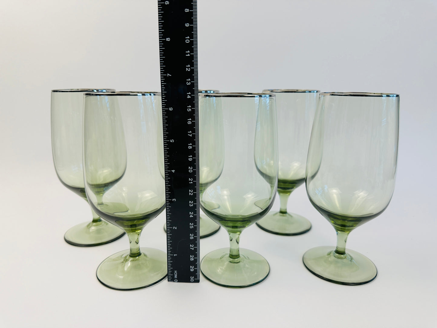 Muted Green Water Goblets With Silver Rim Set of Six