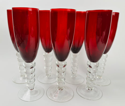 Red Clear Bubble Stem Champagne Glasses Set of Seven