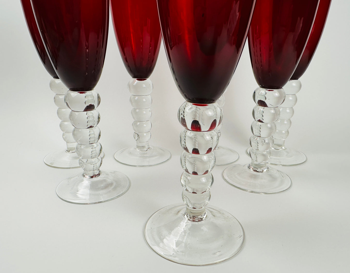 Red Clear Bubble Stem Champagne Glasses Set of Seven