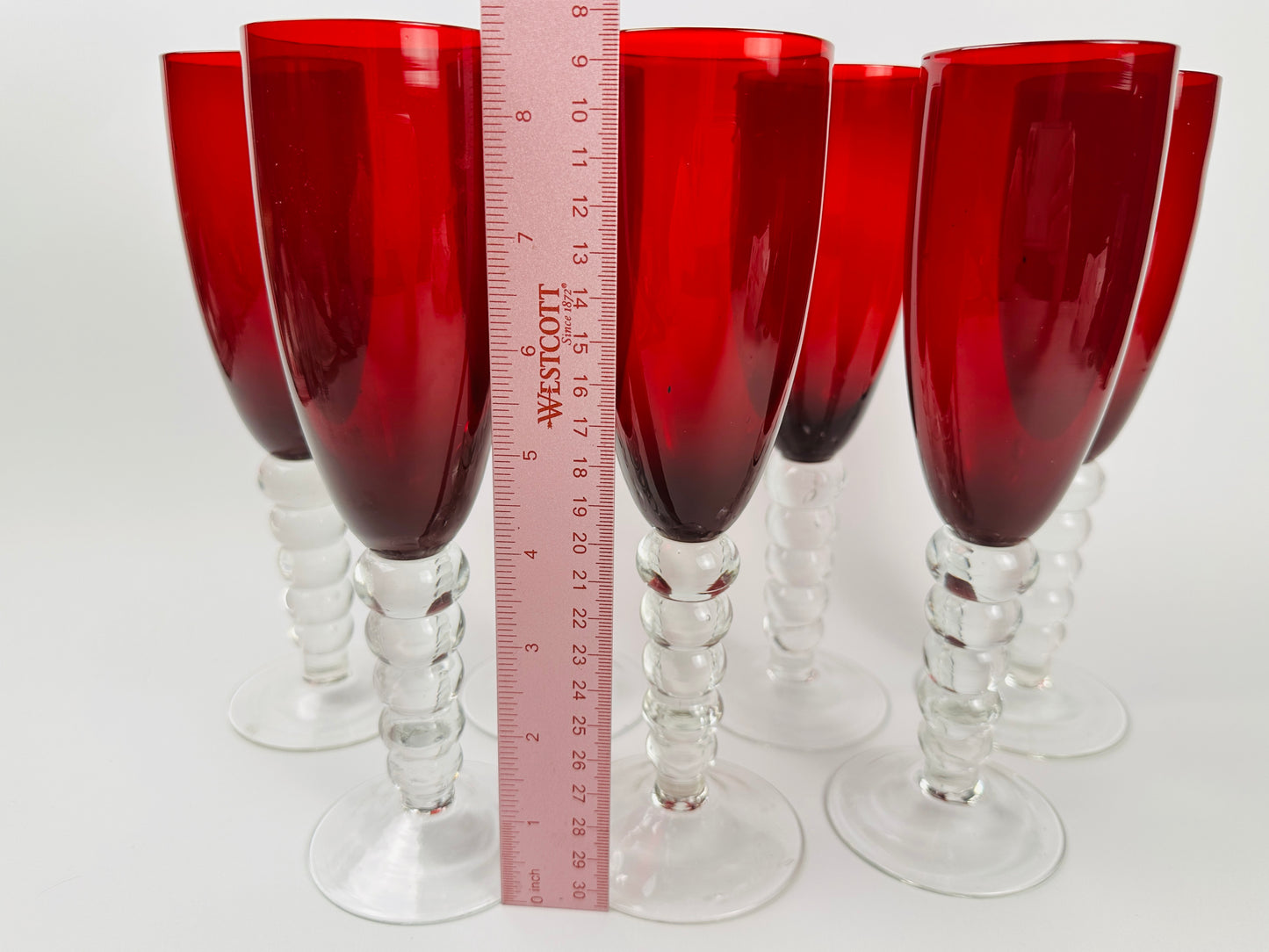 Red Clear Bubble Stem Champagne Glasses Set of Seven