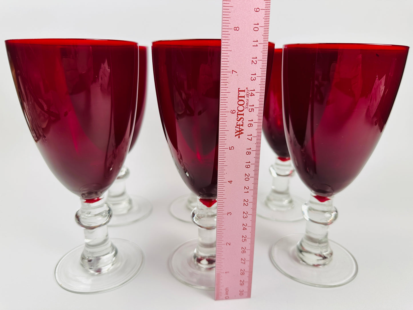 Red Clear Stem Water Glasses Set of Six