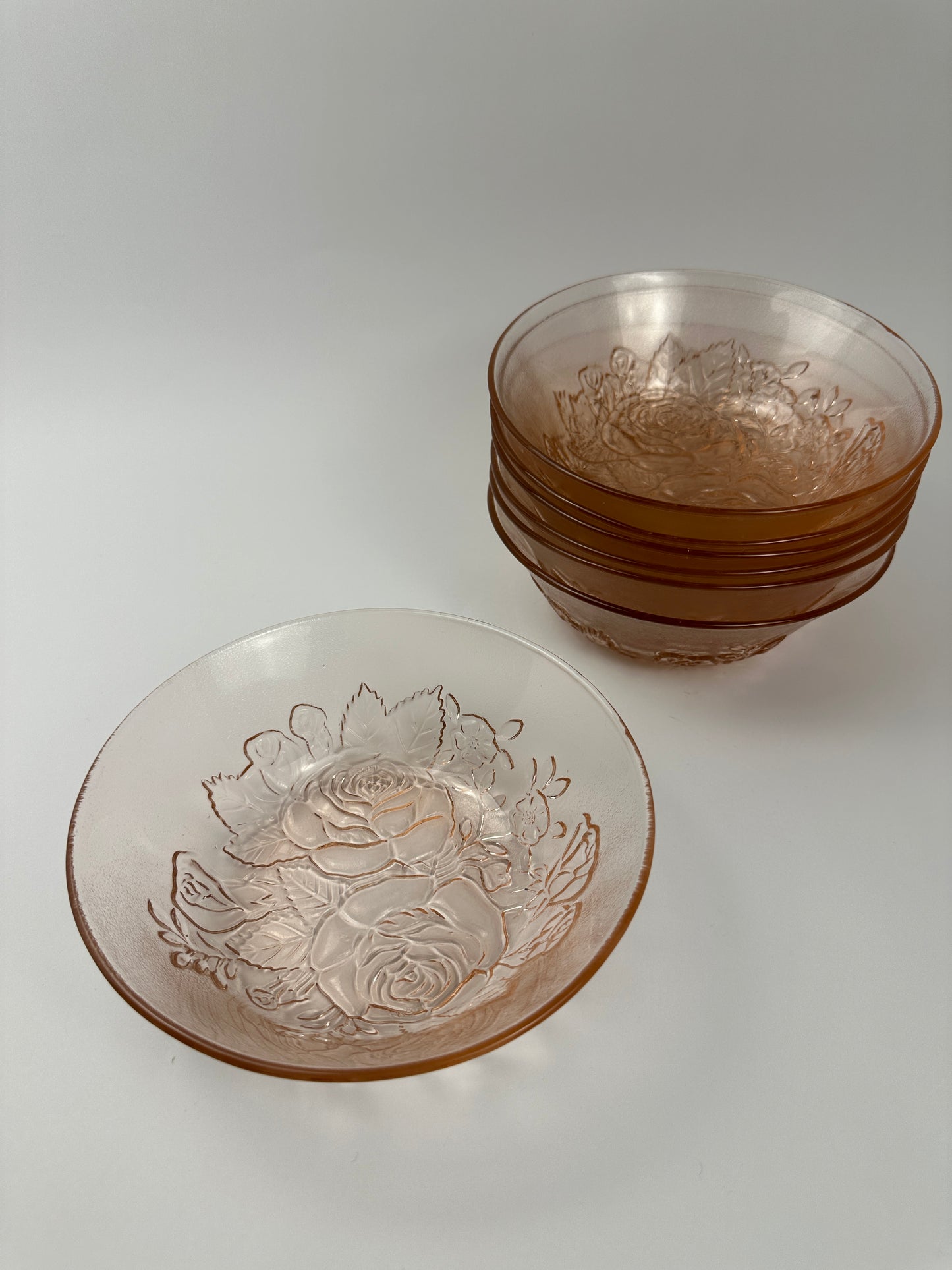 Vintage Pink Rose Pressed Glass Bowls Set of Seven