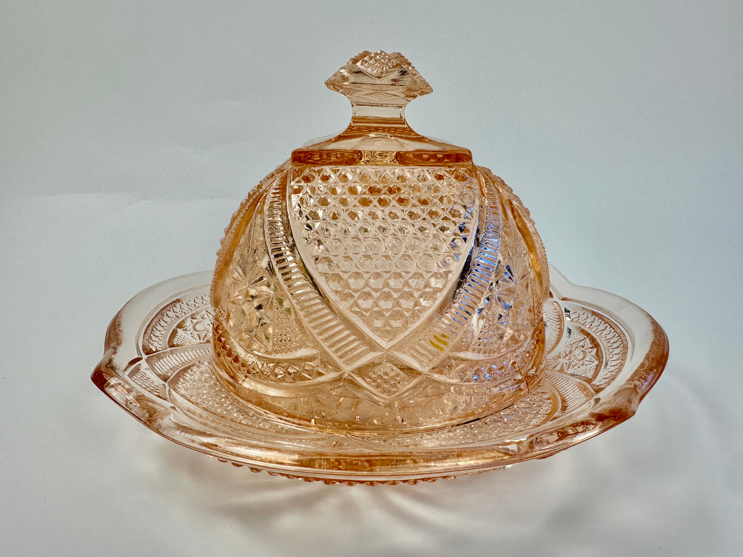 Apricot Pink Pressed Glass Cheese and Butter Keeper