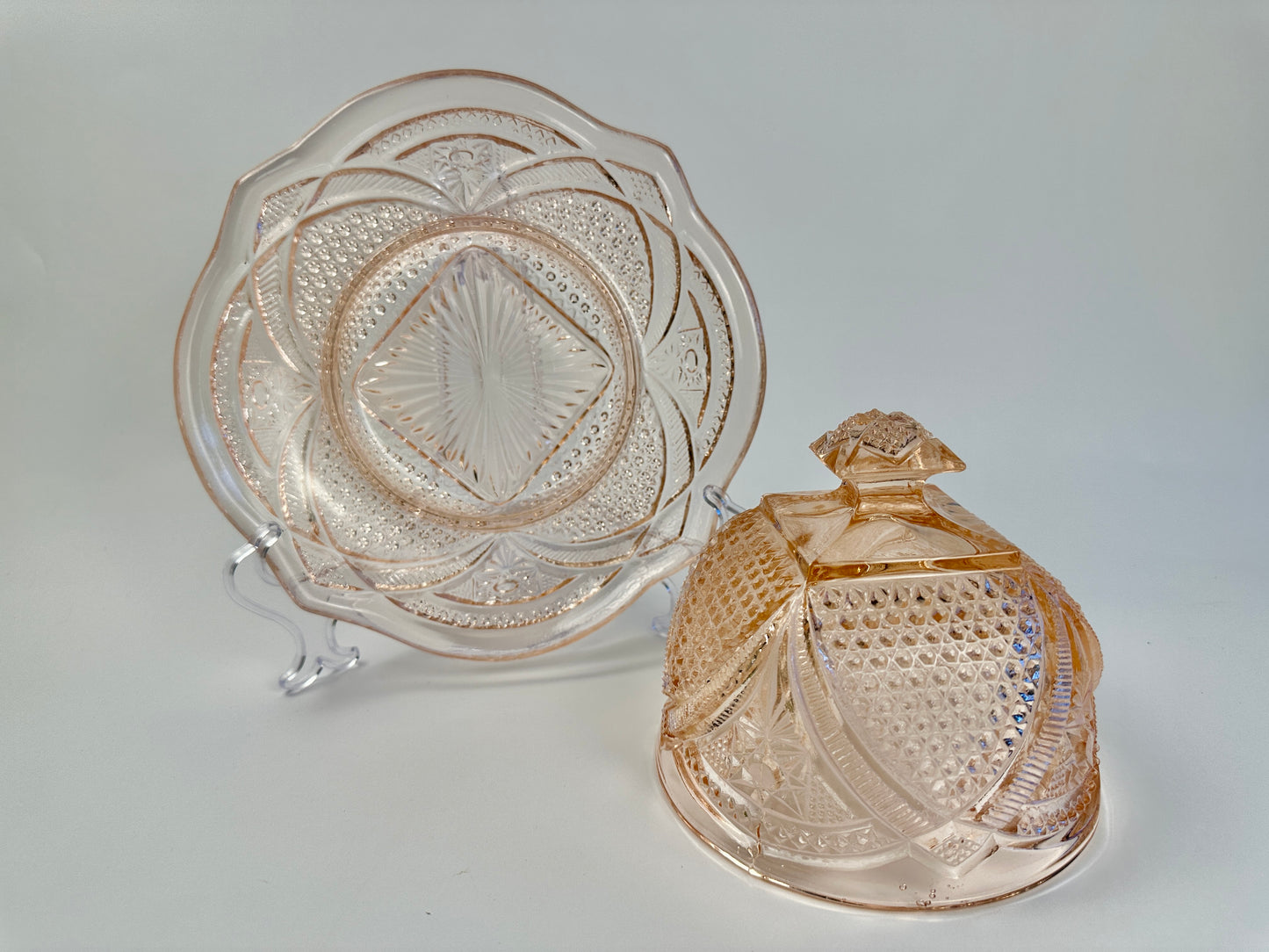 Apricot Pink Pressed Glass Cheese and Butter Keeper