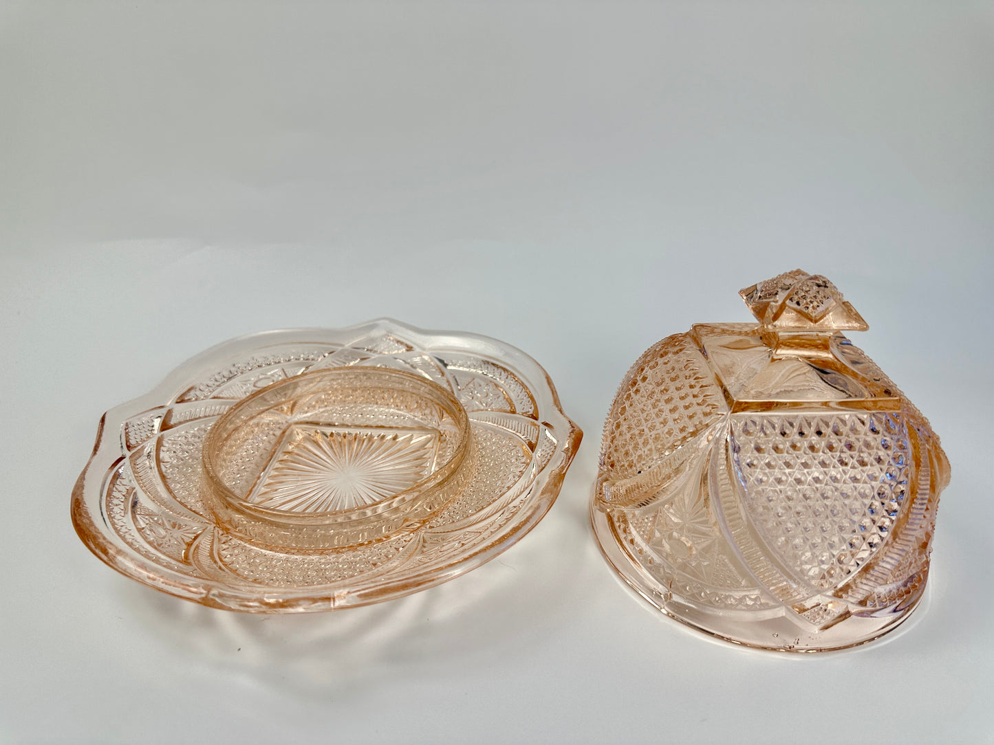 Apricot Pink Pressed Glass Cheese and Butter Keeper