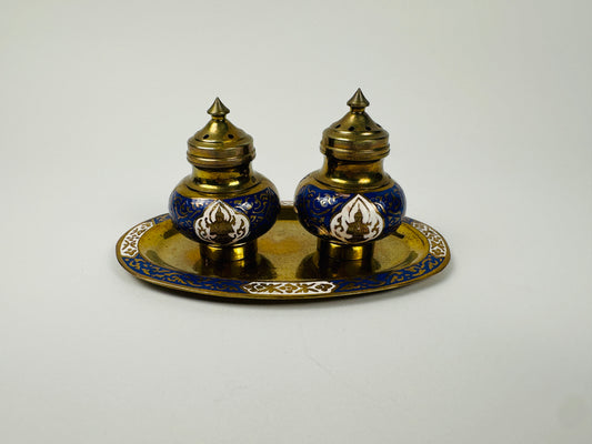 3-Piece Blue & Brass Salt & Pepper Shakers