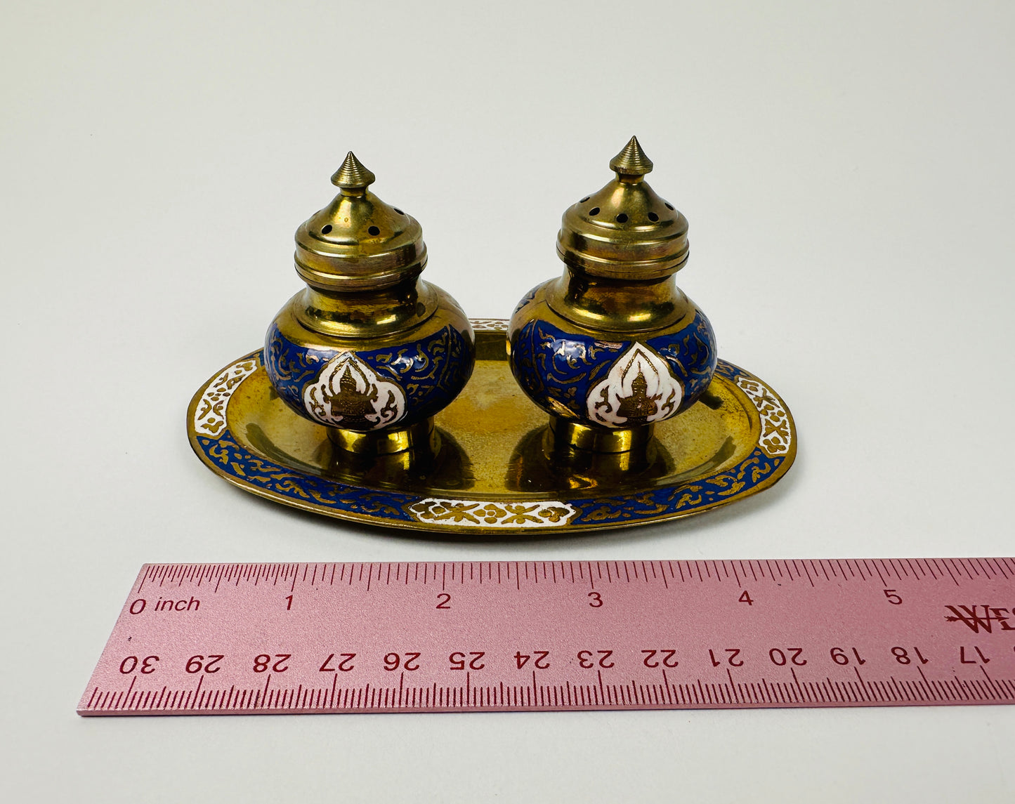 3-Piece Blue & Brass Salt & Pepper Shakers