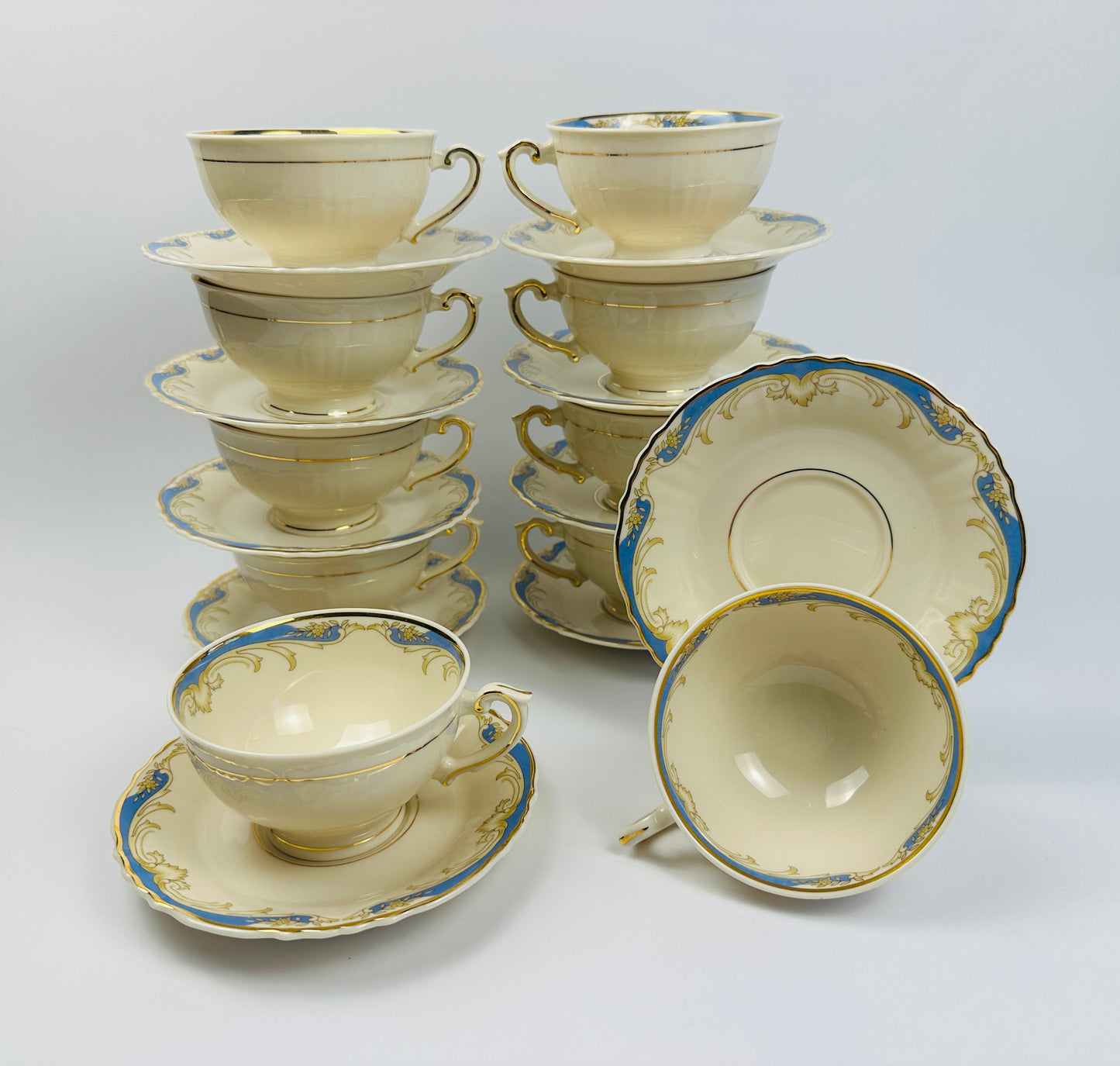 Syracuse China Blue Federal Cups & Saucers Set of Ten