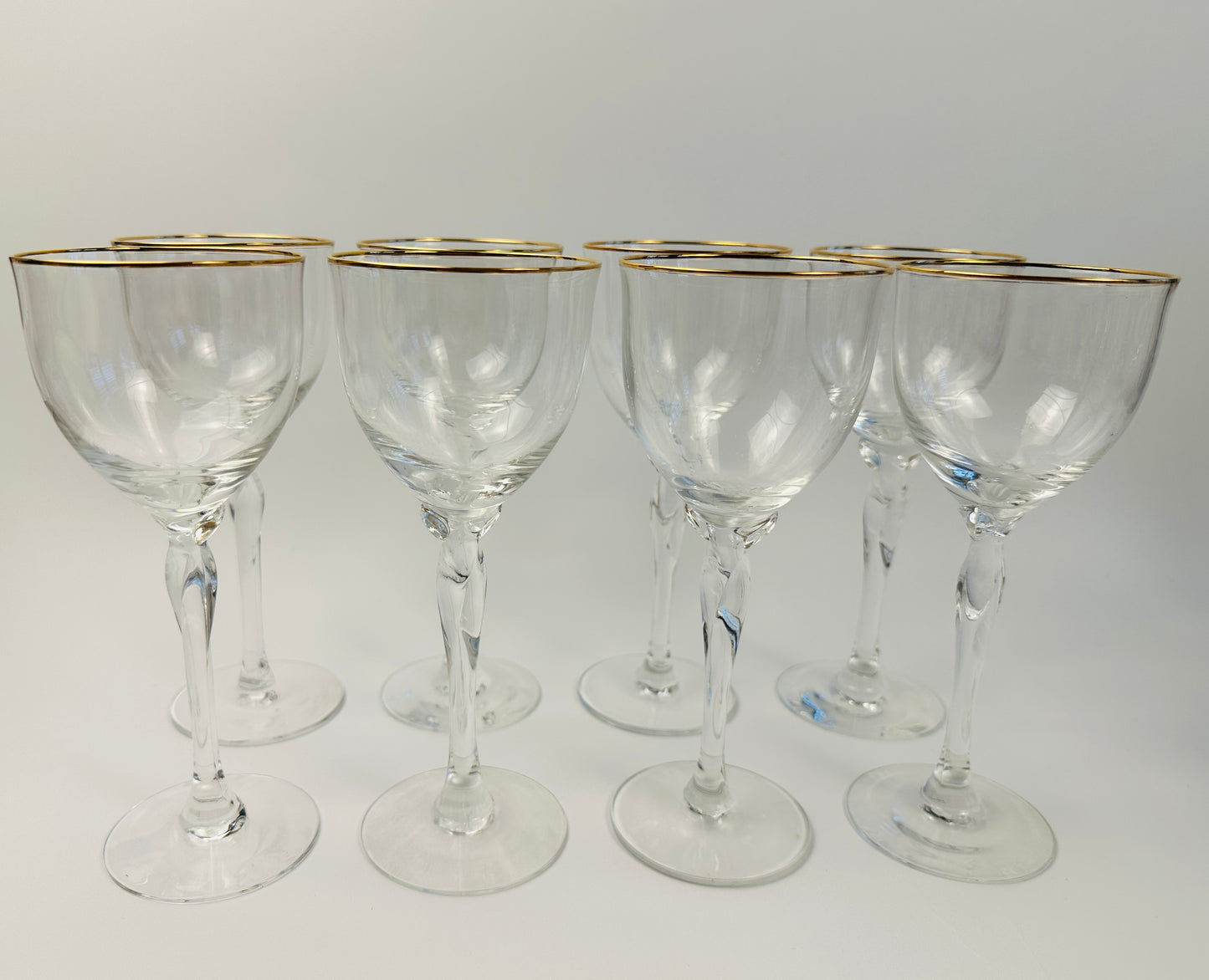 Gold Rim Shaped Stem Wine Glasses Set of Eight