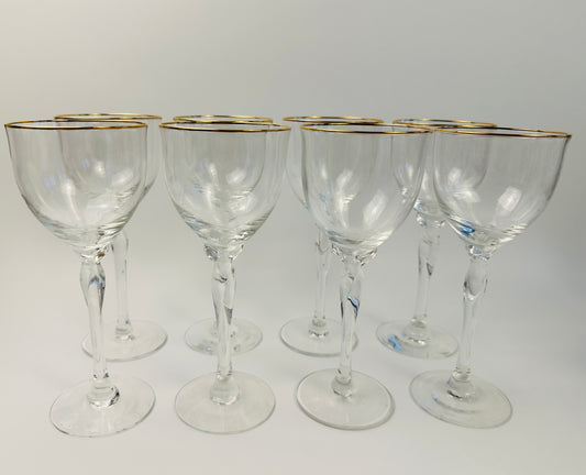 Gold Rim Shaped Stem Wine Glasses Set of Eight